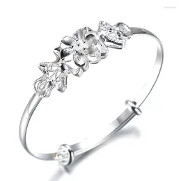 Bangle 925 Stamp Silver Color Woman Justerbar blomma Lucky Retro Bridesmaid smycken charmig gåvor