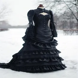 Vestido de noiva vitoriano vintage preto alvoroço histórico medieval gótico vestidos de noiva gola alta mangas compridas espartilho inverno cosplay 196w