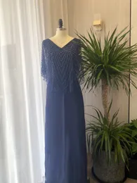 2023 Abiti da sposa per la madre blu navy con scollo a V Perline di cristallo con involucro in chiffon senza schienale Lunghezza alla caviglia Abito per la madre della sposa Taglie forti Immagine reale