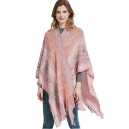 Scarves 2023 Shawl Ladies Winter Acrylic Gradient Color Tassel Knitted Pink Fashion Cloak Warm Thick Poncho Scarf
