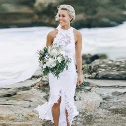2021 Bohemian Beach Wedding Dress Ivory Dresses High Low Lace Short Front Slit Long Back Halter Boho Mermaid Bridal Gowns Vestidos172w
