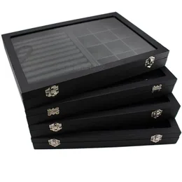 مربعات المجوهرات كبيرة الحمل الأسود مع غطاء حلقة الغلاف الزجاجي صندوق علبة حامل الحامل تخزين أقراط BO 230621