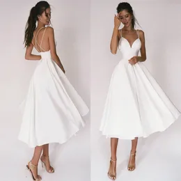 Сексуальное короткое свадебное платье 2021 Тонкие ремешки Criss Cross Simple V Sect Satin Satin Bridal Dress of A vestidos de noiva невеста 3338E