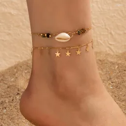 Anklets Boho Dark Gray Stone Star Shell Tassel Foot Chain for Women Alloy Alloy 조정 가능한 샌들 보석 2pcs/set Wholesale