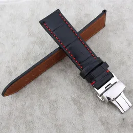 Titta på band för alla märken Watchband Högkvalitativ äkta läderband Svart med röda sömmar 18mm 19mm 20mm 21mm 22mm 23mm24mm