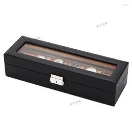 Titta på lådor Carbon Fiber Box Organizer för män 6 SLOTS Black Wood Leather Jewelry Display Men's Wrist Watches Case Gift