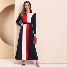 Casual Dresses Women Dress Office Lady Elegant Color Block Turn-Down Collar Long Sleeve Belted Maxi