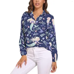 Bluzki damskie syreny pływające bluzka kwiatowy druk eleganckie graficzne kobiety z długim rękawem koszule modowe