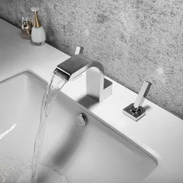 バスルームシンクの蛇口Skowll Chrome Faucet Waterfall 3 Hole 2 Handles Cold Water Deckマウントタップウェアベイスンミキサー