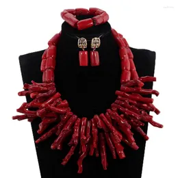 Halsbandörhängen Set Big Coral African Jewelry Fashion Wine Red Original Beaded Women Chunky uttalande CNR034