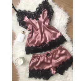 Salotto da notte da donna Abito da pigiama da donna Moda scollo a V Raso elasticizzato Babydoll Pizzo Lingerie sexy Pigiama bowknot Pantaloncini da notte Set Indumenti da notte Novità