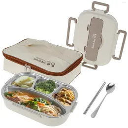 Juegos de vajilla Caja Bento de acero inoxidable de 2/4 compartimentos con bolsa de almuerzo aislante Palillos de cuchara térmica de grado