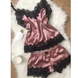 Women's Tracksuits Women Pajama Suit Fashion V-Neck Stretch Satin Babydoll Lace Sexy Lingerie Bowknot Pyjamas Sleep Shorts Set Sleepwear