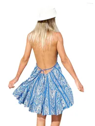 Sıradan elbiseler kadınlar yular derin v boyun arkasız mini elbise fırfırlı kolsuz kravat basılı akışlı salıncak plajı kısa çıkıyor (mavi s)