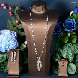 Necklace Earrings Set HIBRIDE Trendy Long Tassel Cubic Zirconia Jewelry For Women Bridal Wedding Party Accessories Juego De Joyas Para Muje