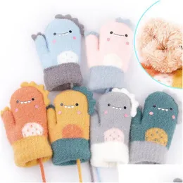 Mitten For Children Cute Cartoon Dinosaur Warmer Thick Knitted Mittens Baby Hanging Neck Winter Glove Soft Kids Gloves R Dhmty