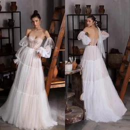 Julie Vino Bohemian 2022 Tül Gelinlik Uzun Kollu Sevgilim Plaj Plaj Boho Bir Çizgi Gelin Önlükleri Sırtsız Vestido De No215L