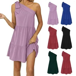 Vestidos casuales Camiseta sin mangas de verano para mujer Un hombro Hasta la rodilla Mini vestido plisado estampado Sin mangas para mujeres Niñas