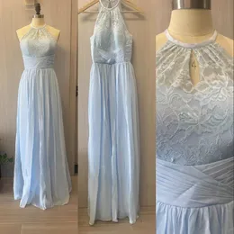 2023 Light Sky Blue Bridesmaids Dresses Real Image Juvel Neck Chiffon Lace Floor Längd ärmlös Open Back Formal Maid of Honours Wedding Guest Gowns