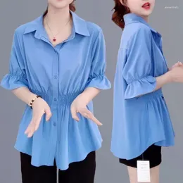 Kvinnors blusar 2023 Summer Fashion Slim Casual Short Sleeve Thin Elastic midja Single Breasted Loose Chiffon Shirt Women's Trend