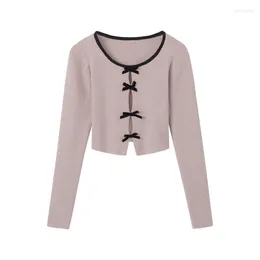 Suéter feminino de tricô com laço rosa, design interno da primavera, curto, blusa francesa, cardigã branco, verão