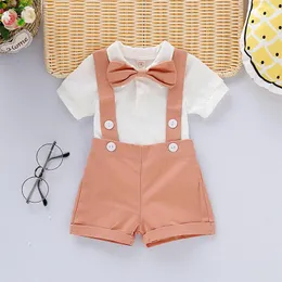 Ensembles de vêtements 3 pièces né couleur unie tenues bébé garçons ensemble de vêtements à manches courtes revers barboteuse jarretelle pantalon noeud papillon