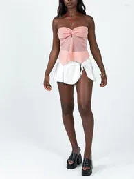 Kvinnotankar kvinnor y2k öppna frontrör toppar från axel stretchig skörd topp ärmlös baksida mode outfit w-pink stor