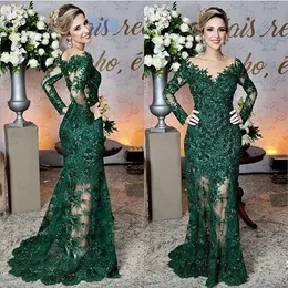 2023 Newest Dark Green Mother of The Bride Dresses Sheer Jewel Neck Lace Appliques Long Sleeve Mermaid Formal Evening Prom Dresses