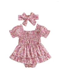 Girl Dresses Baby Floral Print Romper With Ruffled Skirt Hem And Matching Headband - Adorable Born Outfit For Special Occasions