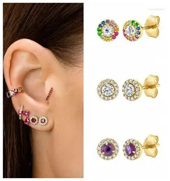 Boucles d'oreilles en argent Sterling 925 aiguille d'oreille ronde colorée boucle d'oreille de luxe pour les femmes mode Zircon Piercing petit bijoux fins