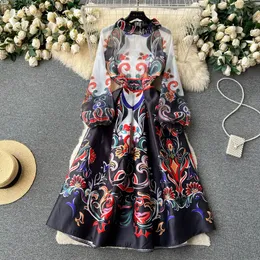 Light luxury retro high-end positioning printed long sleeved dress with waistband style chiffon patchwork large hem long skirt