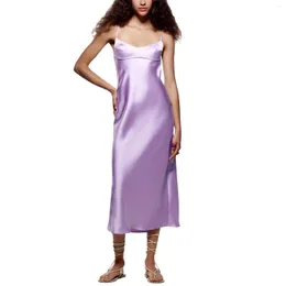 Vestidos Casuais Feminino Temperamento Sedoso Vestido Deslizamento Feminino Estilo Lazer Cor Sólida Decote em V Sem Mangas Costas Magro Longo