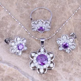 Necklace Earrings Set Absorbing Purple Cubic Zirconia White CZ Silver Plated Pendant Ring Size 6/7/8 S0167