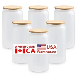 US Canada Loacl Stocked 16oz Glass Wine Glasses Car Mugs Sublimation Blanks Frosted Clear Water Bottles with bamboo lid reusable straw JN24
