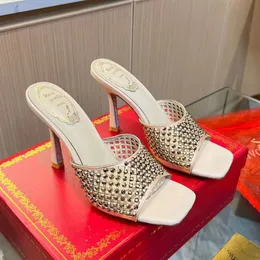 Украшение страза с закусками шпильки мулы шелк, выдолженные на открытом виде для женщин для женщин-сандалий роскошные дизайнеры высокие каблуки фабричная обувь с коробкой