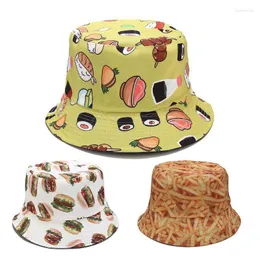 Berets unisex odwracalny kubełko kapelusz sushi hamburger nadruk żywności szerokie grzbiet rybakowy czapka f3md