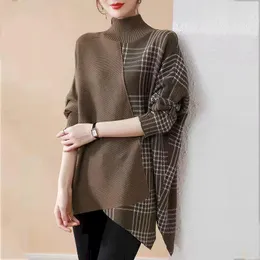 Kadın Sweaters Koreli Kadın Moda Düzensiz Ekleme Süvari Bahar Sonbahar Trendi Gevşek Tepsler Moca Boyun Yarasa Kılıf Örme Külot