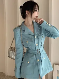 Giacche da donna New Fashion 2023 Designer Blazer blu Donna Bottoni in metallo monopetto Blazer con cintura Abbigliamento Donna Giacca Frenulum