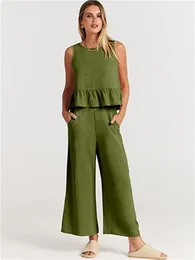 Women's Two Piece Pants Summer Women's Sleeveless Pleated Cotton and Linen Tank Top Wide Leg Capris Casual Set 230621