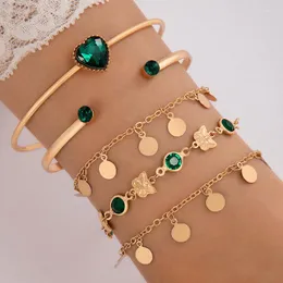 Urok Bracelets Bohemian Green Crystal Stone Butterfly Otwarta bransoletka Zestaw Bransoletki dla kobiet geometrycznych cekiny Tassel 5/PCS 23694