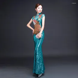 Ubranie etniczne Peacock Hafty cekiny chiński styl długi cheongsam seksowna szczupła impreza wieczorna sukienka scena taniec sos qipao vestidos