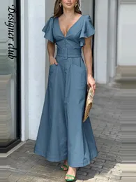 基本的なカジュアルドレスファッションソリッドレディースシャツドレスカジュアルvネックフリル半袖ポケット長いスカート夏のレディストリートウェアドレス230621
