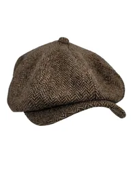 Vintage ośmiokątna czapka jodełka wełna camel uk moda unisex beret malarz malarz czteropasm