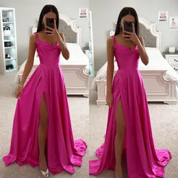 Mode Rosy Pink Ballkleider Spaghetti Abendkleider Falten Split Formal Roter Teppich Langes Partykleid für besondere Anlässe