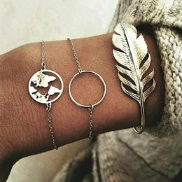 Länk armband blad armband cirkel armband för kvinnor reser smycken silver färg kedja vänskap gåvor femme