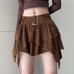 Skirts Preppy Multilayer Vintage Girls Suede Fabric With Irregular Hem Slimming High Waist Women's A-line Skirt 2023 Summer