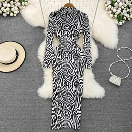 Casual Dresses Stand Collar Long Midi Dress Woman Zebra Printed Vintage Y2K Partu Club Women Chic Korean Street Vestidos Lady