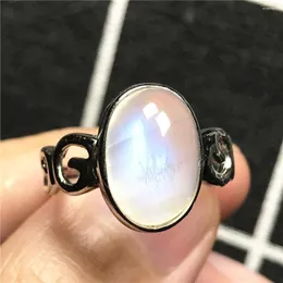 Cluster Rings 15mm Natural Blue Light Moonstone Ring Argento sterling per le donne Healing Crystal Oval Beads Love Gift Misura regolabile