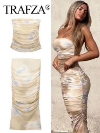 Vestidos Casuais Básicos TRAFZA Conjuntos de Saia Drapeada Feminina Sexy Sem Costas Sem Alças Tops Tule Plissado Saias Midi Feminino Verão Streetwear 230621