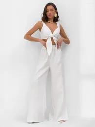 Kvinnors tvåbitar byxor Solid Fashion 2 Set 2023 Summer Sleeveless Bandage Tank Tops med breda benkläder för kvinnor Semester Casual Suits